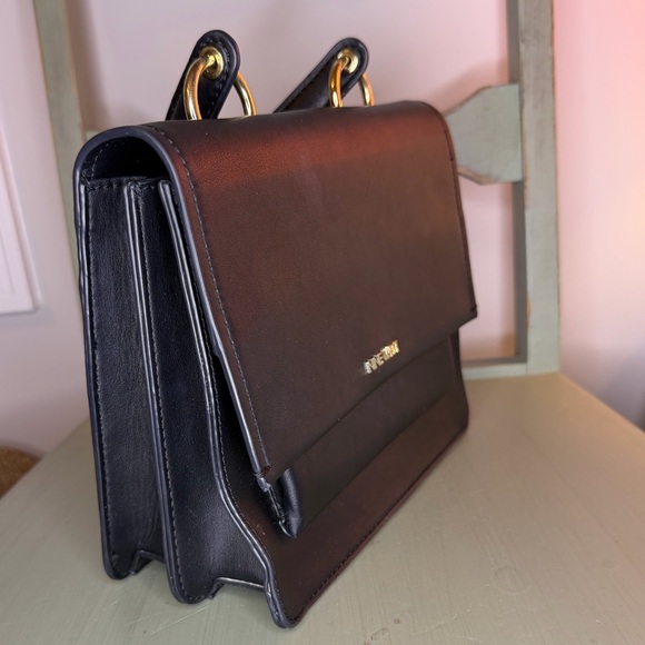 Nine West Black Structured Crossbody Bag Gold Hardware Top Handle Mini Purse - Picture 3 of 6